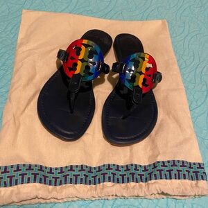 EUC Tory Burch Navy Rainbow Miller Sandals, size 8.5 - Authentic